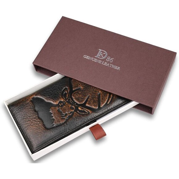 Men Brown Deer Long Wallet Full Grain with Hand Burnished Blocking Rodeo Wallet - Picture 3 of 6